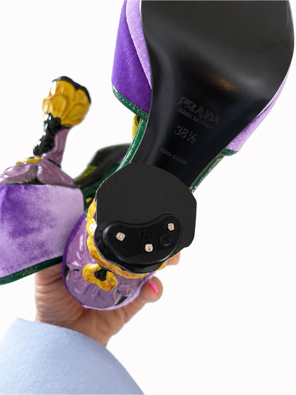 Prada Lavender Satin Heels with Green Trim and Mustard Bow - Picture 6 of 7